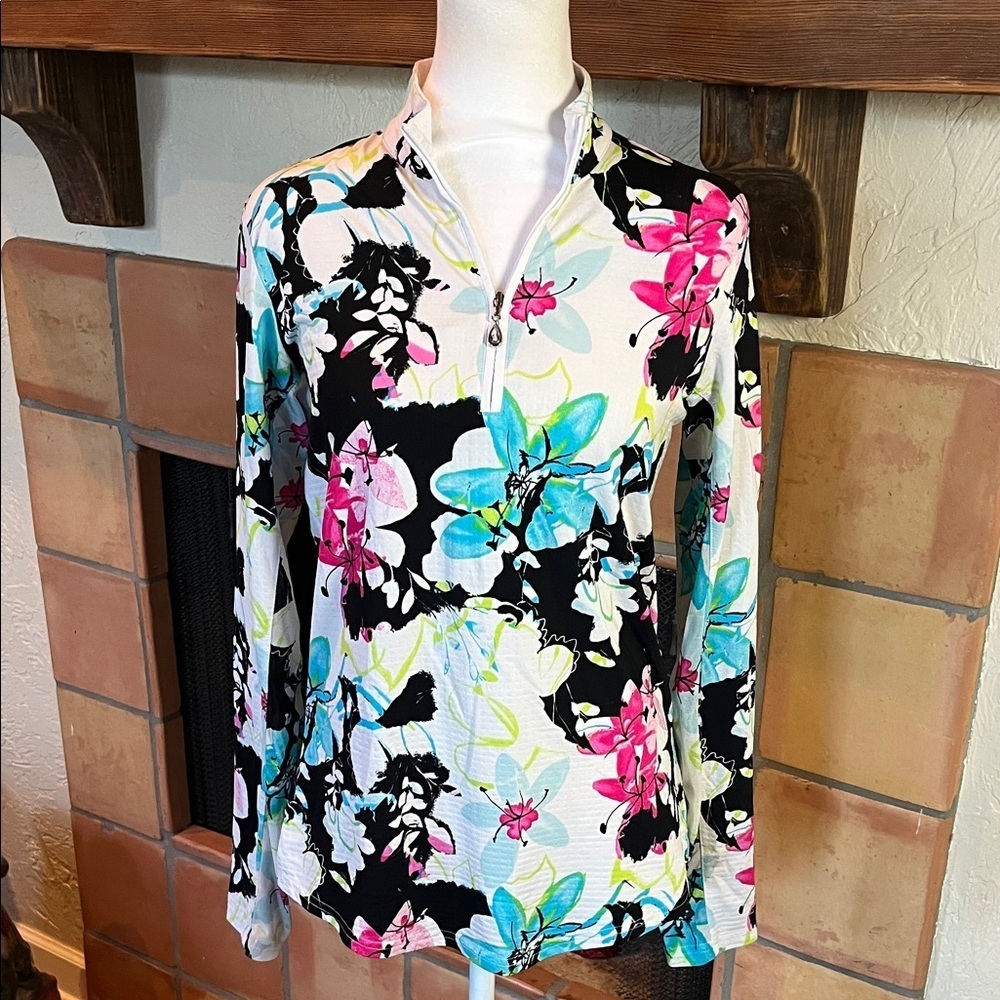 SanSoleil UPF 50+ Sun Protection Black Floral Long Sleeve Top, size M